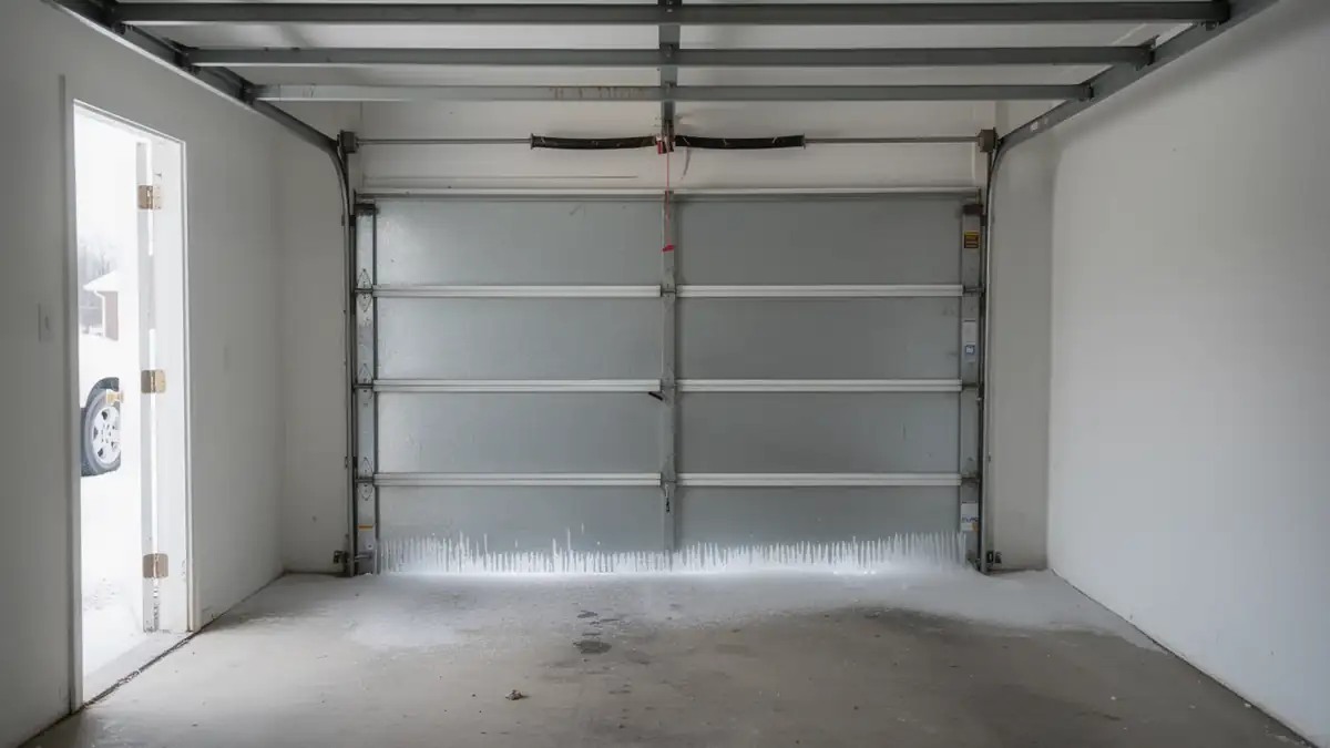 A garage door with icicles on the bottom and a side door open to snow.