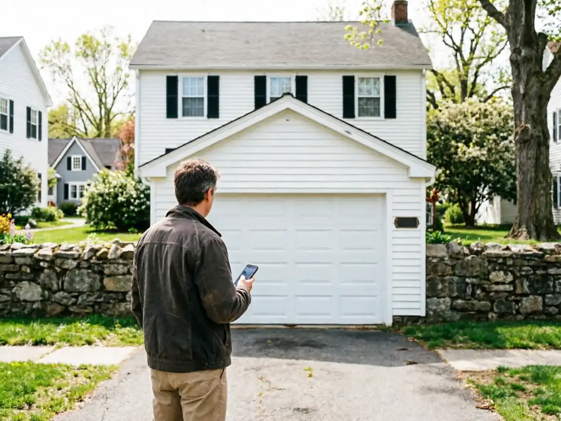A man stands in a driveway holding a phone, facing a white garage door.