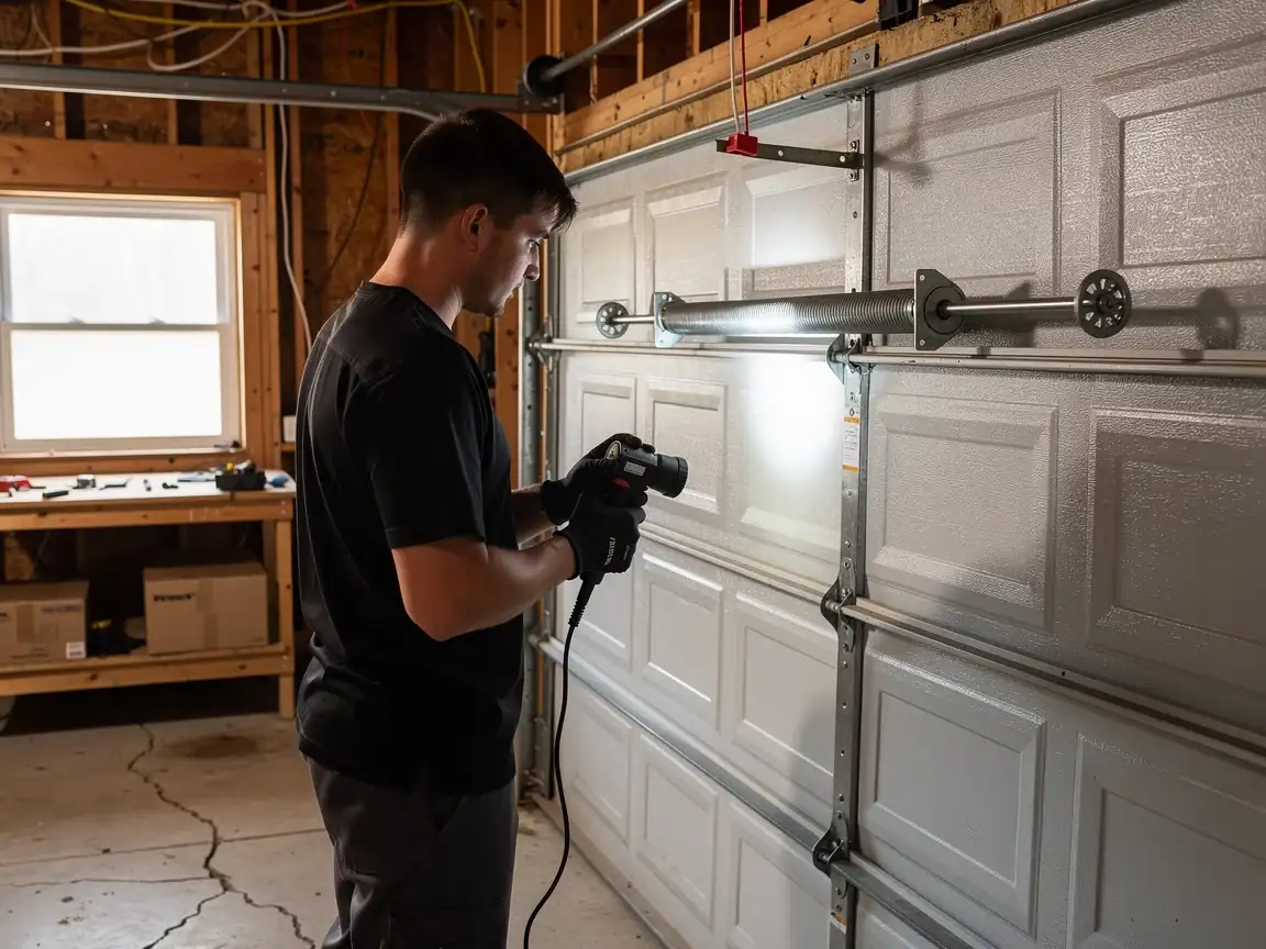 A technician shines a light on a garage door torsion spring.