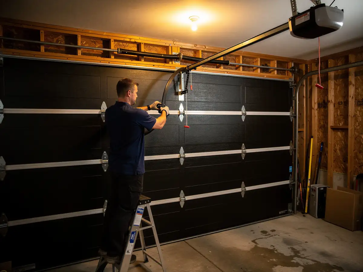 A technician on a ladder works on a black garage door with an opener above.